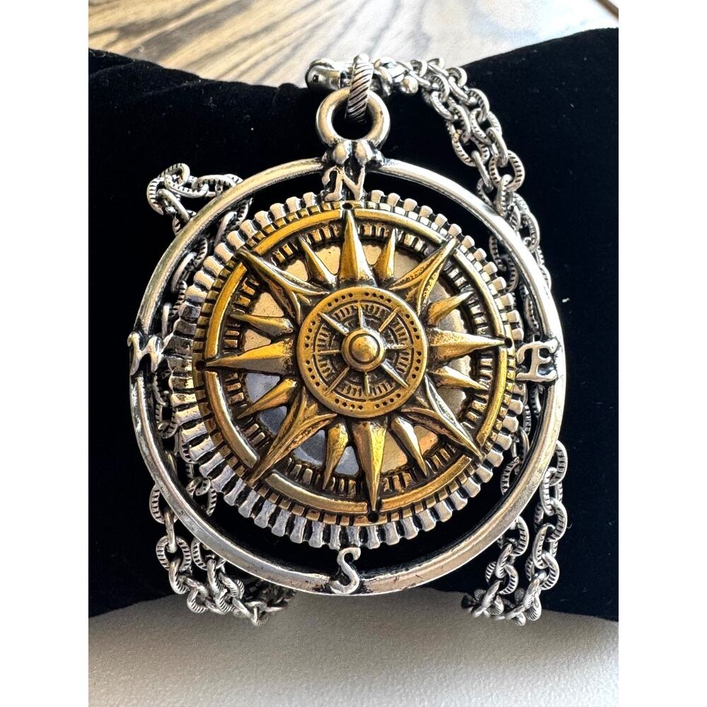 Two-Tone Compass-Like Locket Necklace Silver Gold North South East West Long